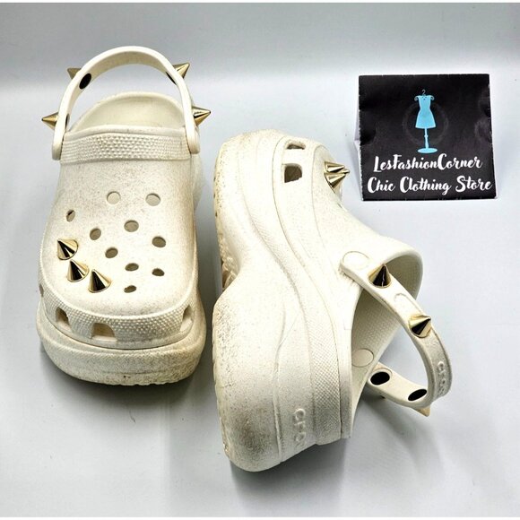 Crocs Women's White Off Bae Glitter Stud Platform Clogs Gold Spikes Sz 9  2360 - Picture 11 of 16